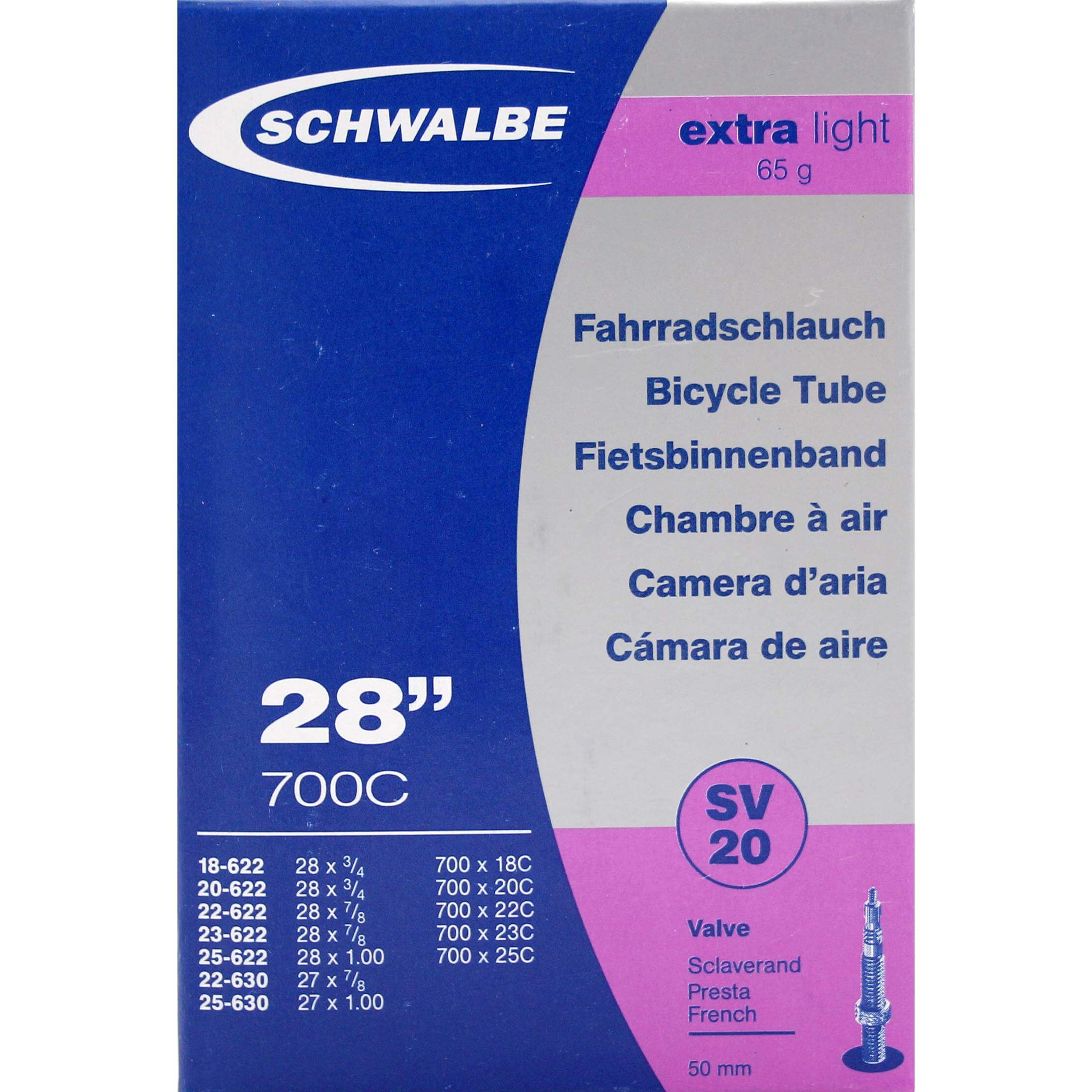 Schwalbe binnenband sv20 50mm 28inch 18/25-622/630 extra licht 81gr
